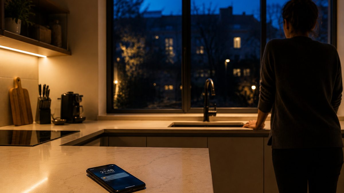 Une cuisine éclairée le soir, une silhouette de dos devant la fenêtre et un téléphone posé sur le plan de travail