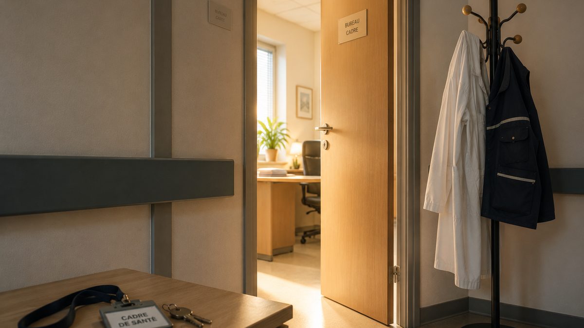 Un bureau de cadre à la porte entrouverte, une blouse sur un portemanteau et un badge posé sur la table